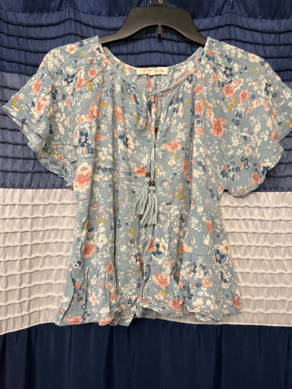 Rewind Dusty Blue Floral Tassel Tie Peasant Top